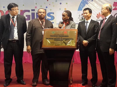 (L-r): Hover Gao, vice president, Huawei West Africa, Dr. Henry Akpan, permanent Secretary, and Mrs. Omobola Johnson, Minister, both of Ministry of Communication Technology, Peng Sung, Peng Sung, president, Huawei West Africa and Liu Xianfa, Consul-General of China in Nigeria, during the unveiling of 1000 Girls for ICT training programme in Lagos